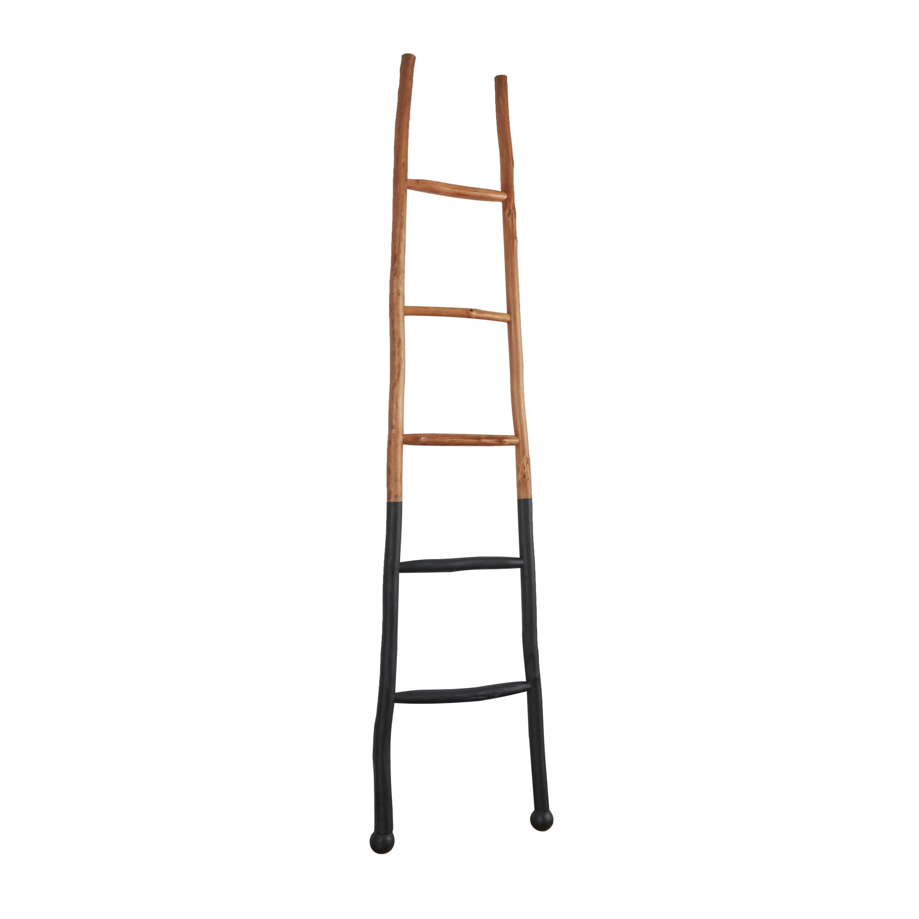 DecMode 18" x 73" Brown Wood Handmade Two-Toned Slanted Ladder with Wider Base and Ball Feet, 1-Piece