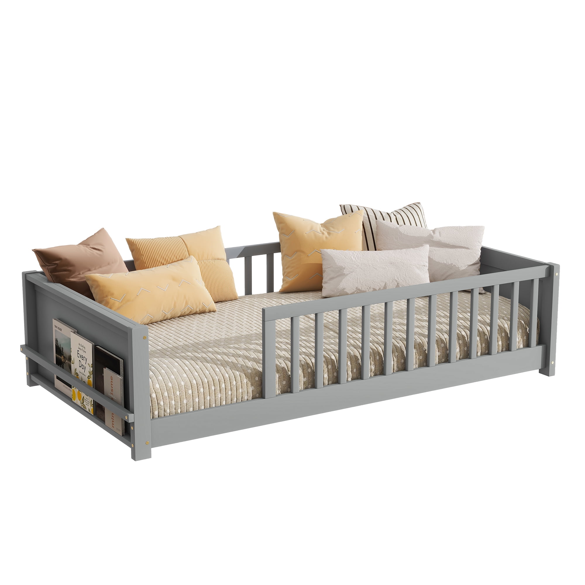 Yoneston Kids Twin Size Floor Platform Bed Frame with Built-in Book Rack Storage & Guardrails for Toddlers Teens Boys Girls Bedroom Furniture, Gray