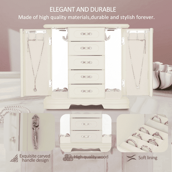 12in Off-White Jewelry Box,Handle Carving Craft Jewelry Box Wooden,with 12Hooks and Velvet Lining Jewelry Organizer Wood,For Watch Necklace Ring Earring Storage Gifts