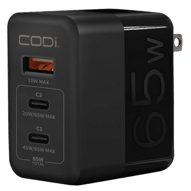 CODi 65W GaN Triple Port Wall Charger | USB-C & USB-A Fast Charging, Quick Charge 3.0, Universal Compatibility