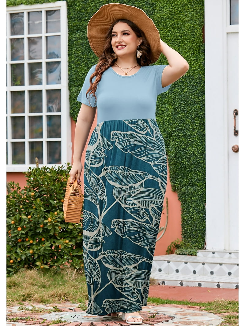 maxi beach dresses plus size SHOWMALL Women's Plus Size Summer Beach Dress Maxi Leaf Sonata 1X Short  Sleeves Crewneck Casual Bohemian Sun Dress Full-Length Floral Long Dresses  with Pockets