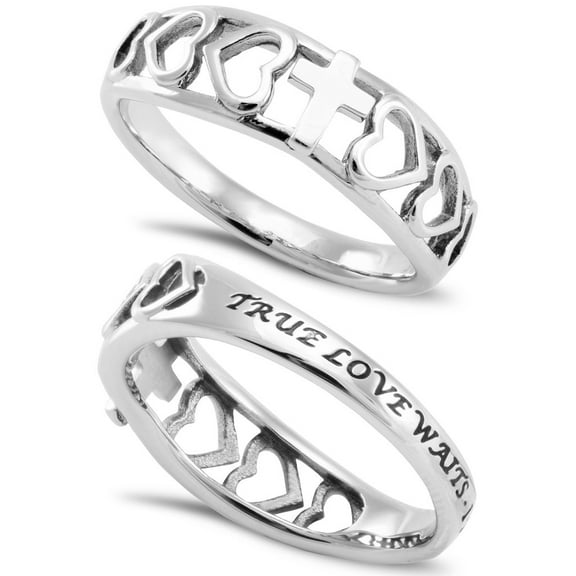 TRUE LOVE WAITS Heart Cutout Ring with Cross, Stainless Steel