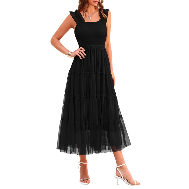 Vestido PRETTYGARDEN para Mujer sin Mangas con Fruncido y Tul Midi Negro Talla L