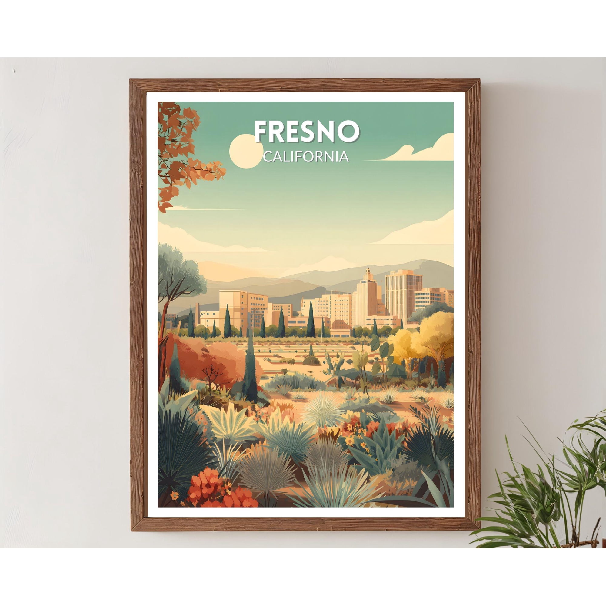 Fresno California Retro Travel Mid Century Modern Vintage Cityscape Art North America Travel Wall Art Poster , Poster Print Only