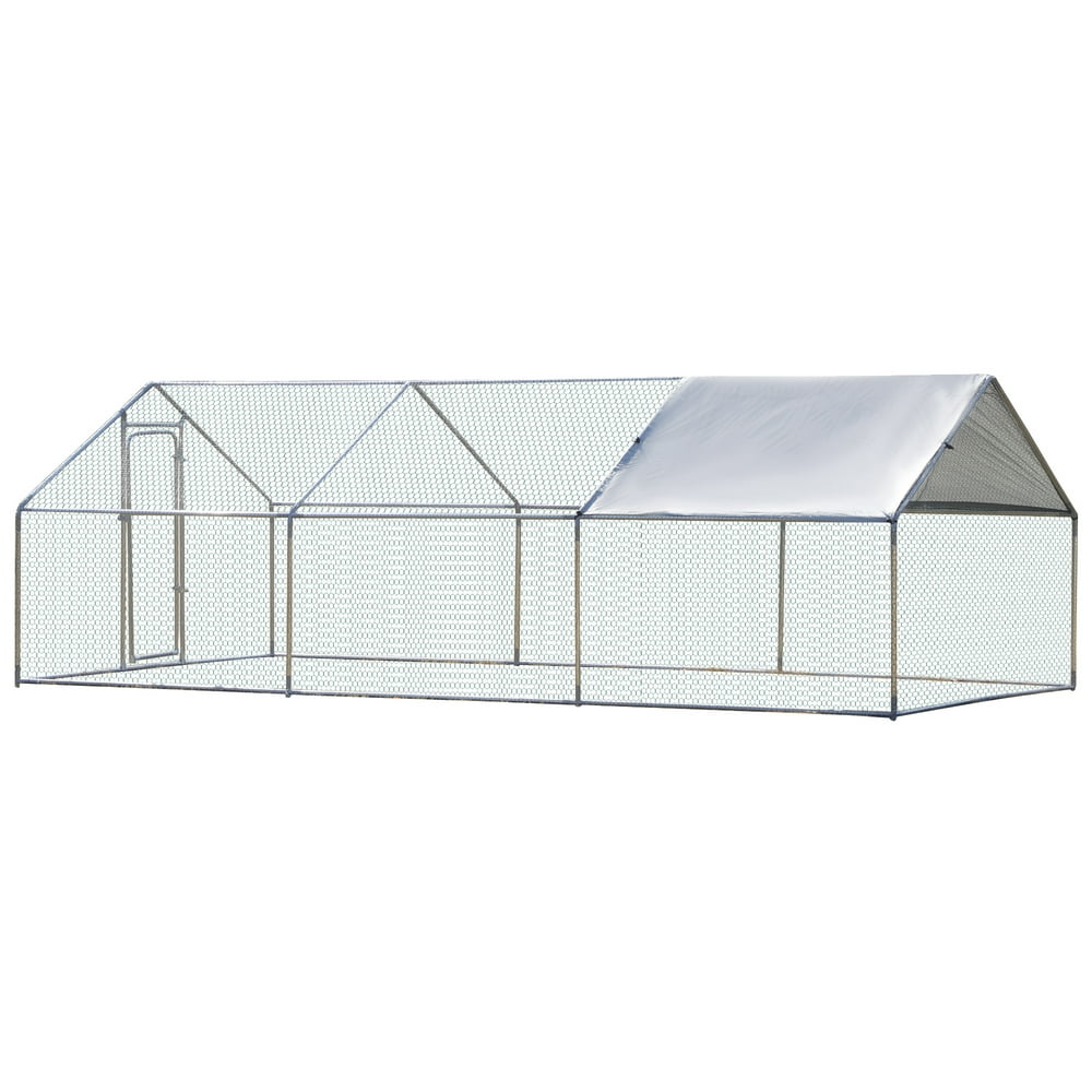 PawHut Galvanized Large Metal Chicken Coop Cage 4 Rooms Walkin