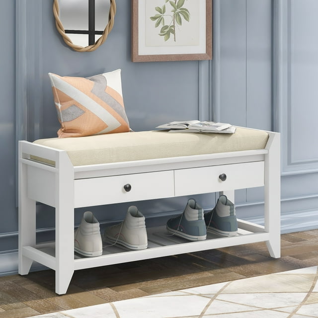 MODERNLUXE Banc à Chaussures de 35,4 Pouces Banc d'Entrée avec 2 Tiroirs de Rangement et Siège Coussiné, Étagère à Chaussures Style Ferme avec Tablette Inférieure pour Entrée Couloir et Chambre, Blanc