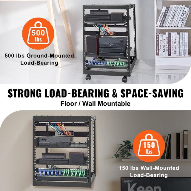 Rack de servidor de estructura abierta VEVOR 15U, profundidad ajustable de 15''-40'', rack de servidor de red independiente o de montaje en pared, rack AV de 4 postes con ruedas