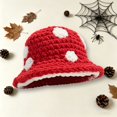 thumbnail image 2 of Mushroom Crochet Bucket Hat with White Dots, Adult Knit Winter Beanie, Cute Cold Weather Headwear, 2 of 5
