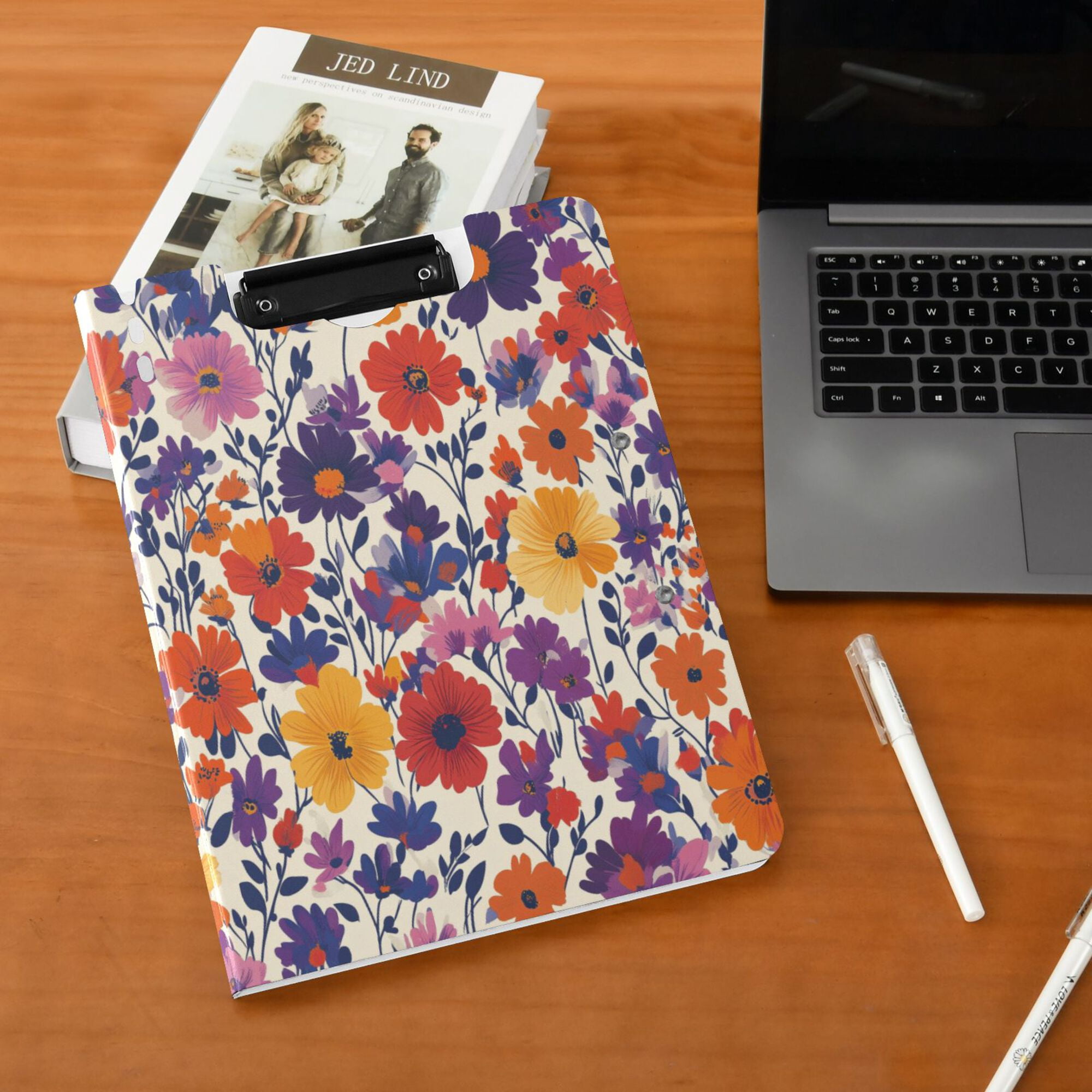FORMRS A4 Clipboard Folder with Pen Holder Horizontal Foldable School Office Binder, Colorful Flowers Pattern