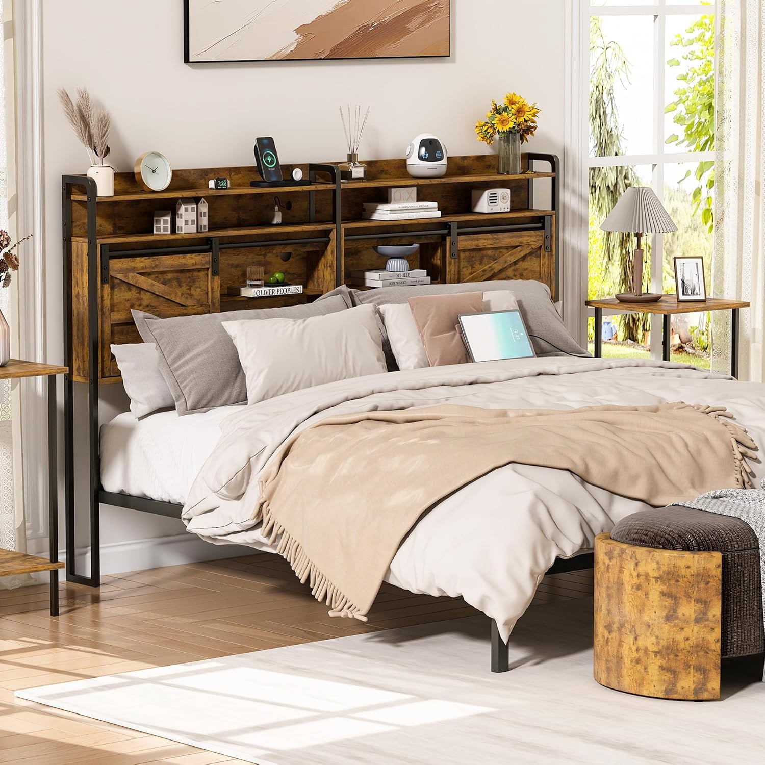 NEORIVER King Size Headboard with Storage, 3-Tier King Headboard with Outlets, USB Ports and LED Light, Storage King Size Headboard Only with Sliding Barn Doors, Width Adjustable
