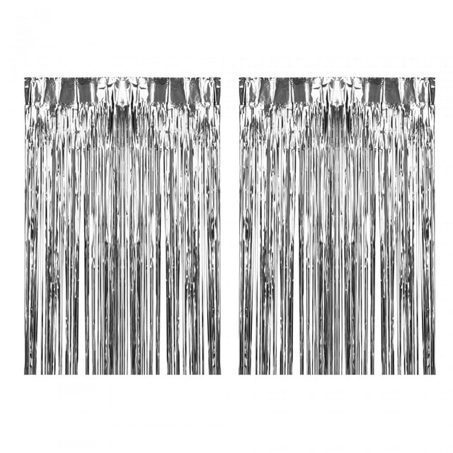2 cortinas con flecos de aluminio para decoración de fiestas, versátiles fondos para fotomatón. Plata