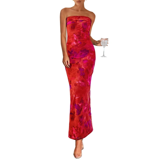 Vestido largo sin tirantes con estampado floral PRETTYGARDEN para mujer