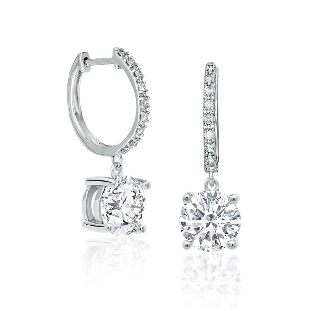 Aros de Moissanita de Corte Redondo de 2 Quilates JeenMata con Engaste Pavé y Dije en Oro Blanco de 18 K sobre Plata