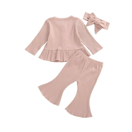 

Canrulo Newborn Baby Girls Clothes Sets Cotton Knitted Tops Flare Pants Headband 3pcs Pink 18-24 Months