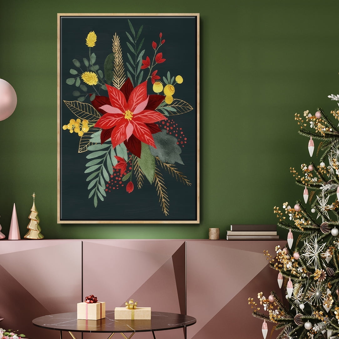 Bright Christmas Night Collection B - Framed Gallery Wrapped Holiday Canvas - 25 x 37 - Natural Wood Frame