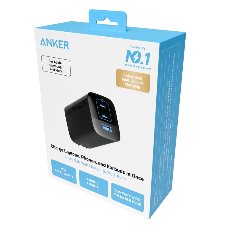 Anker 67W 3-Port Wall Charger (2 USB-C + 1 USB-A), Power Delivery
