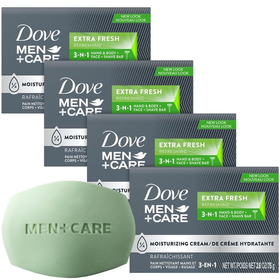 Dove Men Care Refreshing Soap Bar, 3-in-1 Extra Fresh 4-Pack, 2.6 Oz Ea | Hydrating Hand, Body, Face & Shave Soap Bars with ¼ Moisturizing Cream for Smooth Skin | Bath & Shower Essentials for Men