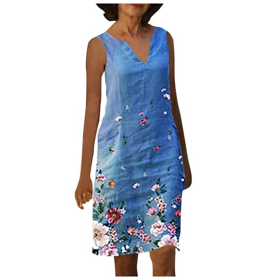 IROINNID Shift Dress For Women Fashion Casual Plus Size Floral Print Sleeveless Vest Dress V-Neck Knee-Length Dress