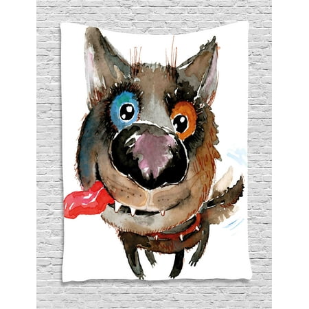 Animal Tapestry, Funny Dog Puppy Smiling Best Companion Happy Creature Humor Grunge Print, Wall Hanging for Bedroom Living Room Dorm Decor, 40W X 60L Inches, Cocoa Red Orange Blue, by