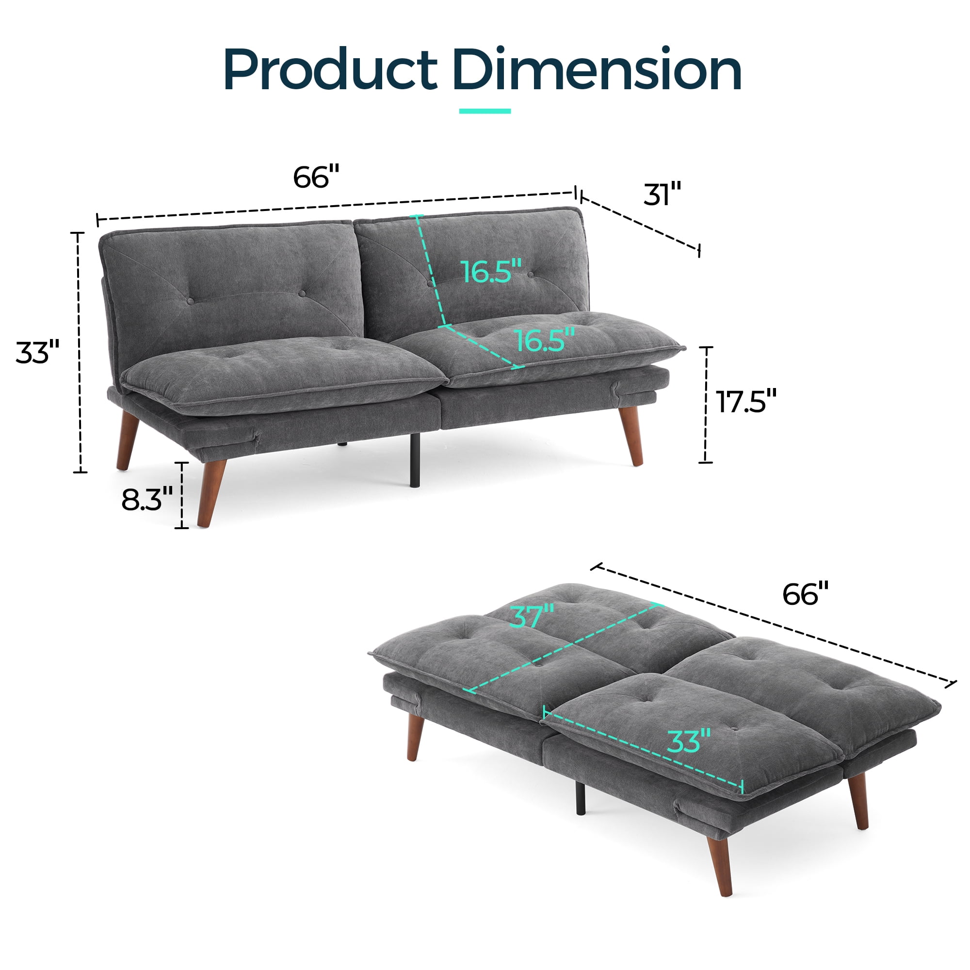 LINSY HOME  Futon Sofa Bed with Adjustable Armrests, Loveseat for Small Living Place and Apartment, Grey