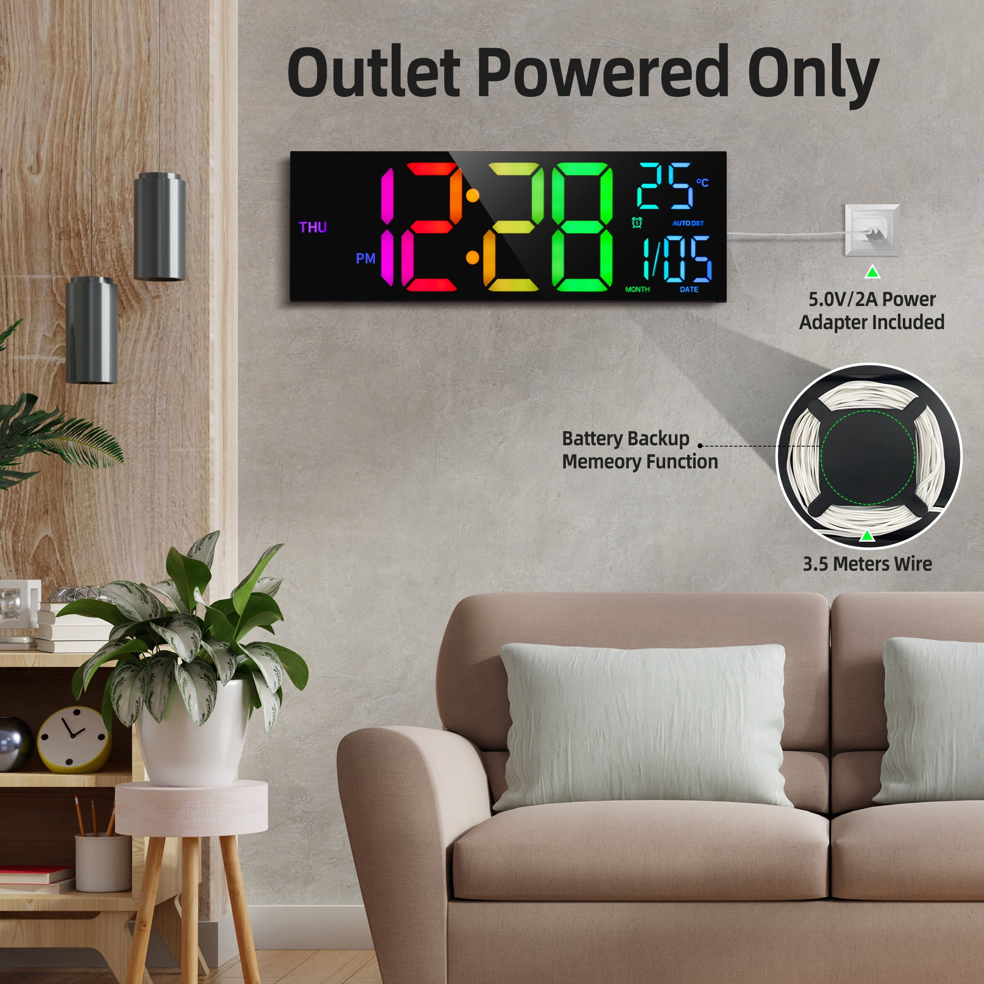 LEIKE 16.2" Large Digital Wall Clock with 8 Colors, 5-Level Brightness Adjustment, Battery Operated, Temperature Display, Big Numbers for Bedroom Office Living Room