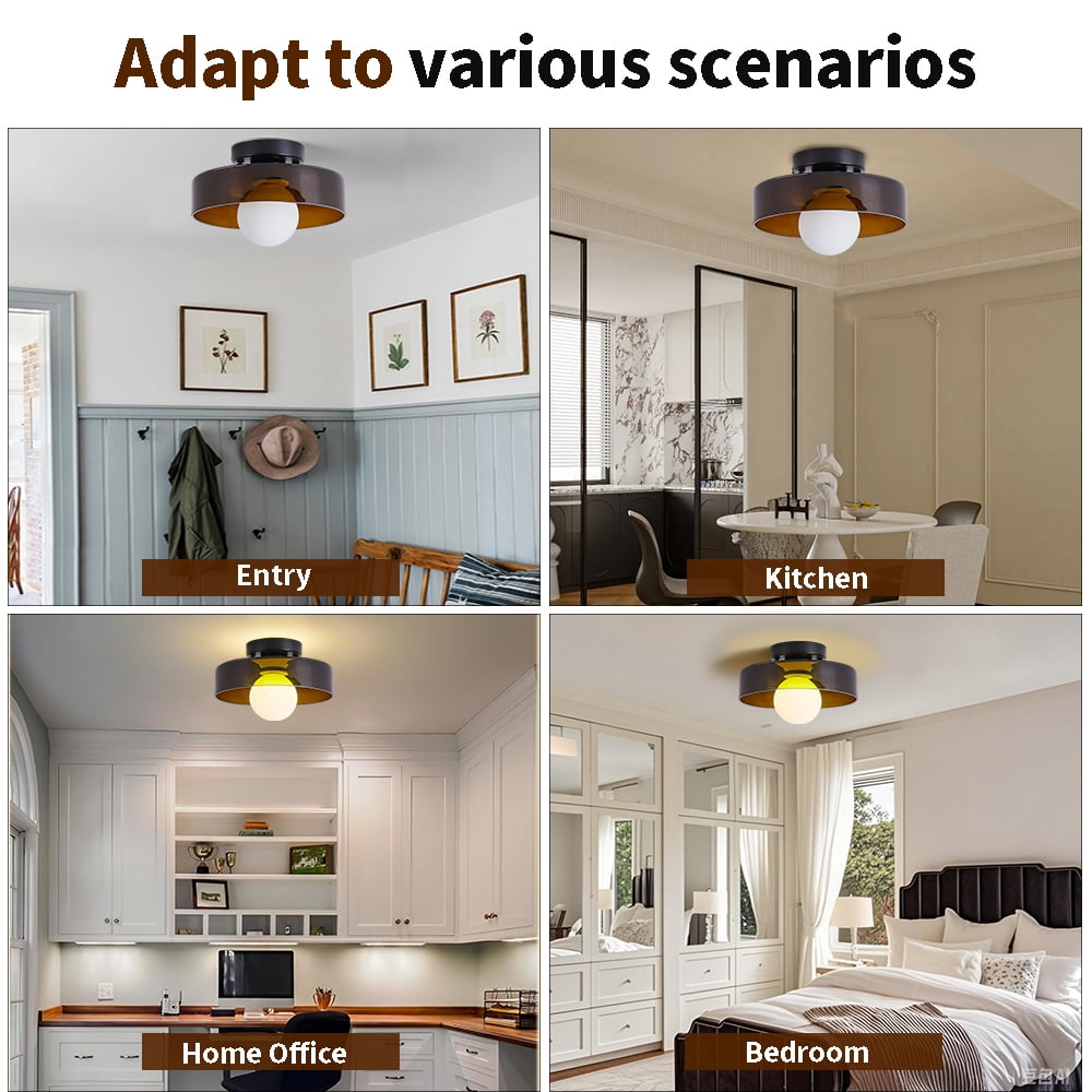 Mid-Century Modern Semi Flush Mount Ceiling Light, Kitchen Ceiling Light Fixture with Glass Shade,Vintage Close to Ceiling Lamp for Entryway Hallway Bathroom