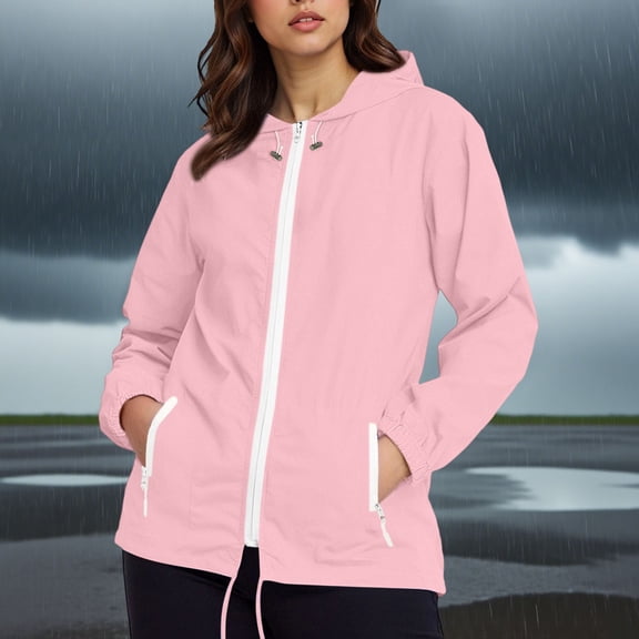 thefmos WWomen's Hooded Zip Up Windbreaker Jacket Solid Casual Blazer Outerwear Fall Winter Spring Warm Coat, Pink S