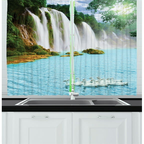 Ambesonne Waterfall Kitchen Curtains, Lake and Swans Nature, 55"x45", Blue Green White