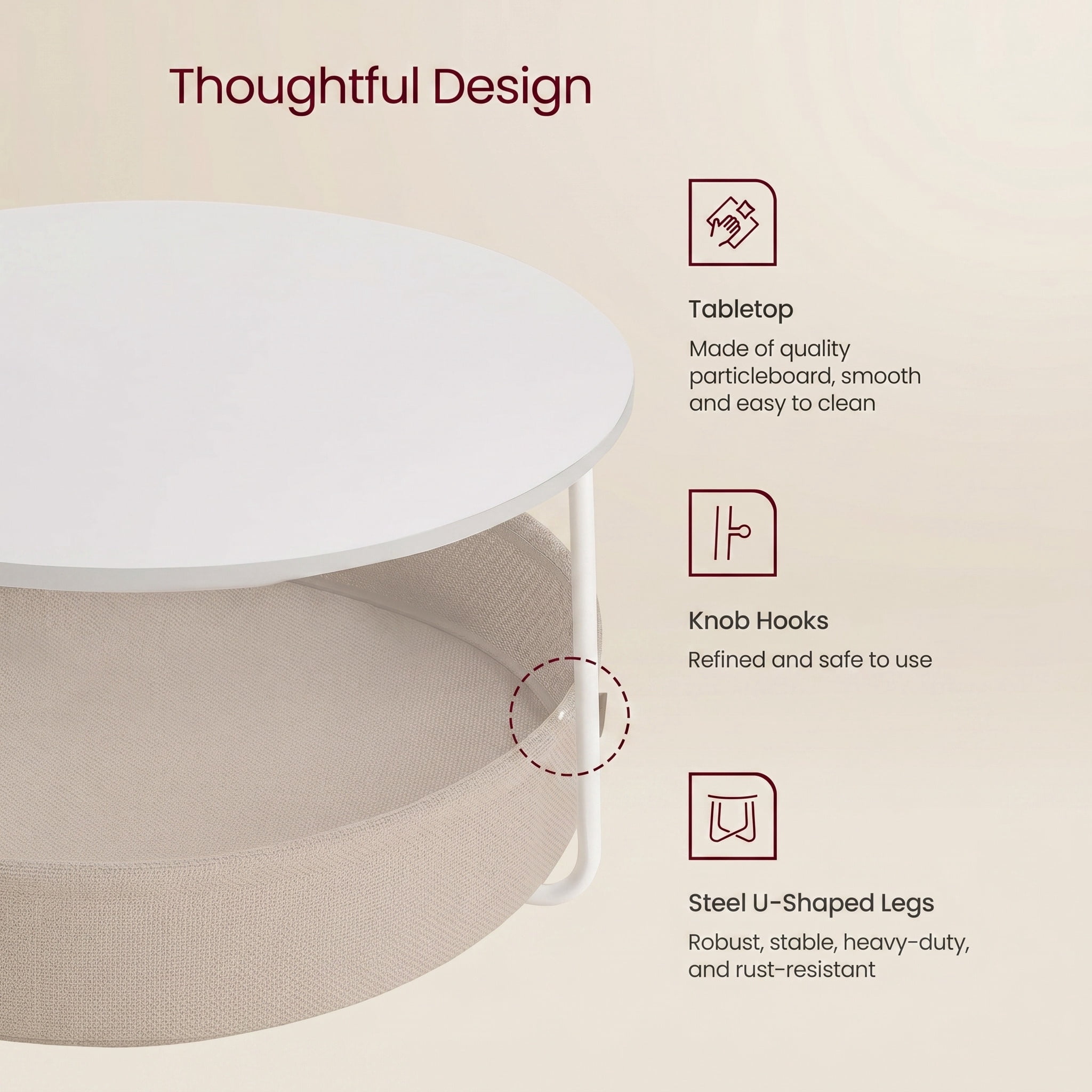Nordic Hygge Modern Matte White Round Coffee Table with Camel Brown Fabric Storage Basket
