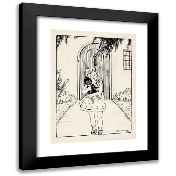 Miep de Feijter 11x14 Black Modern Framed Museum Art Print Titled - Girl with Doll on a Garden Path (1930)