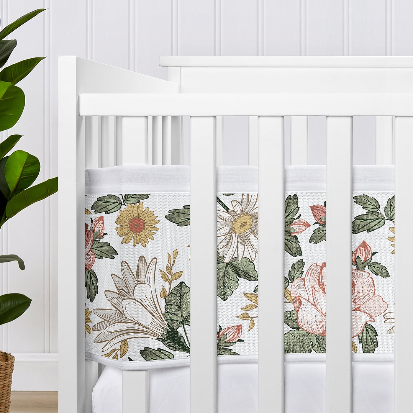 Sweet Jojo Designs + BreathableBaby Vintage Floral Pink Green and Yellow Breathable Mesh Crib Liner Pad
