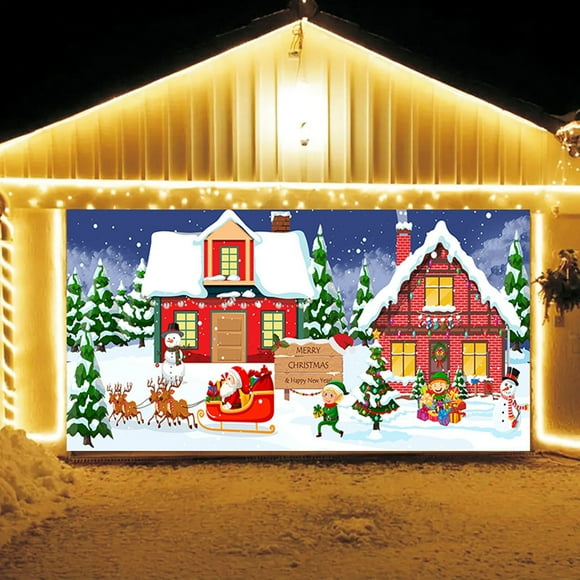 TopLLC Snow Garage Door Christmas Holiday Garage Door Cover Outdoor Large Merry Christmas Snowman Santa Claus Dwarf Horizontal Tapestry 400X180cm Garage flags