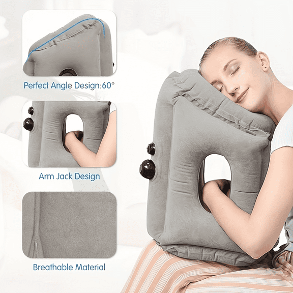 Inflatable Travel Pillow, Ergonomic Neck Support Pillow with Arm Hole, Soft Flocked Air Cushion for Airplane, Car, Train & Office, Gray, 1 Pack