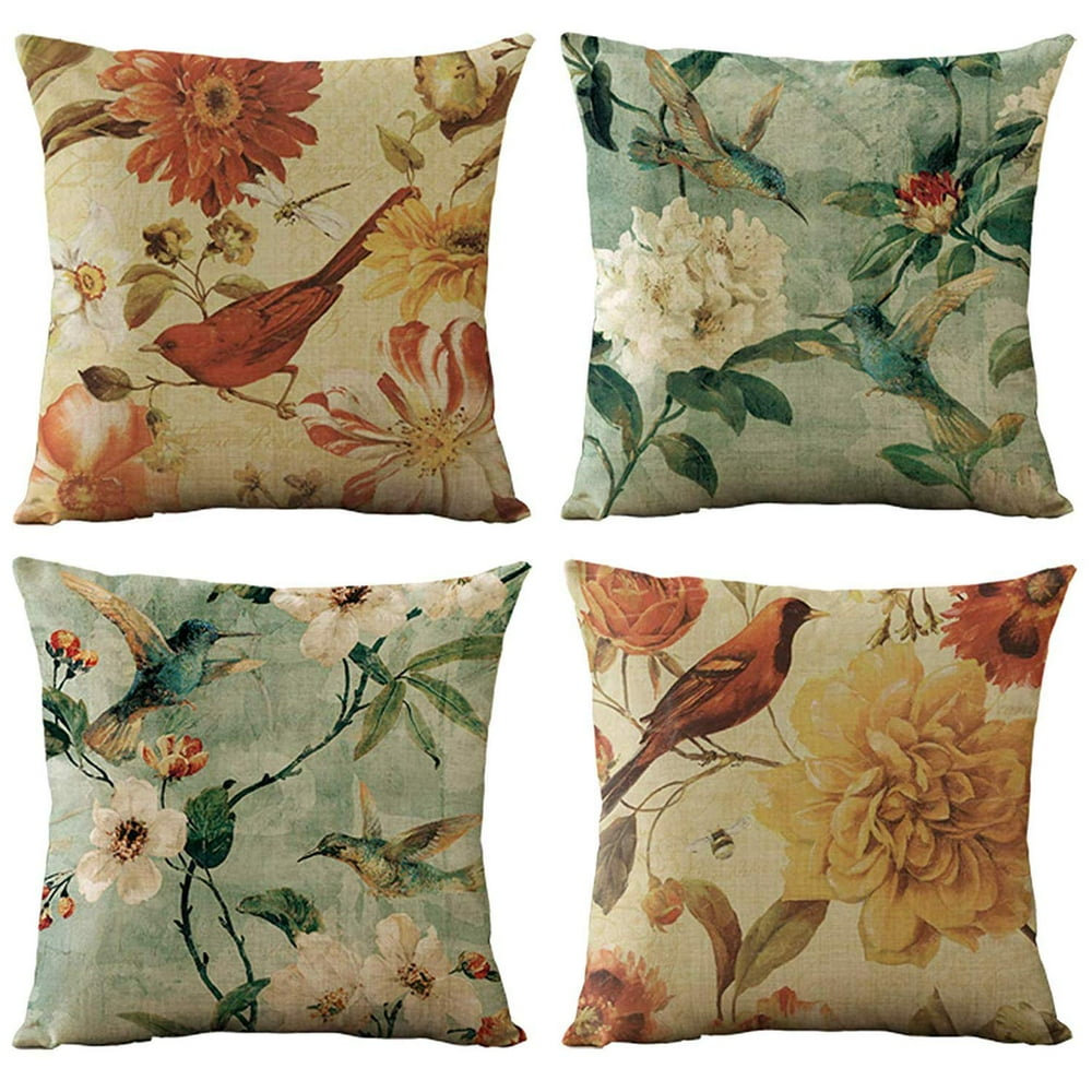 SUFAM Set of 4 Pillow Cases Vintage Flower Ethnic Bird Colorful Spring