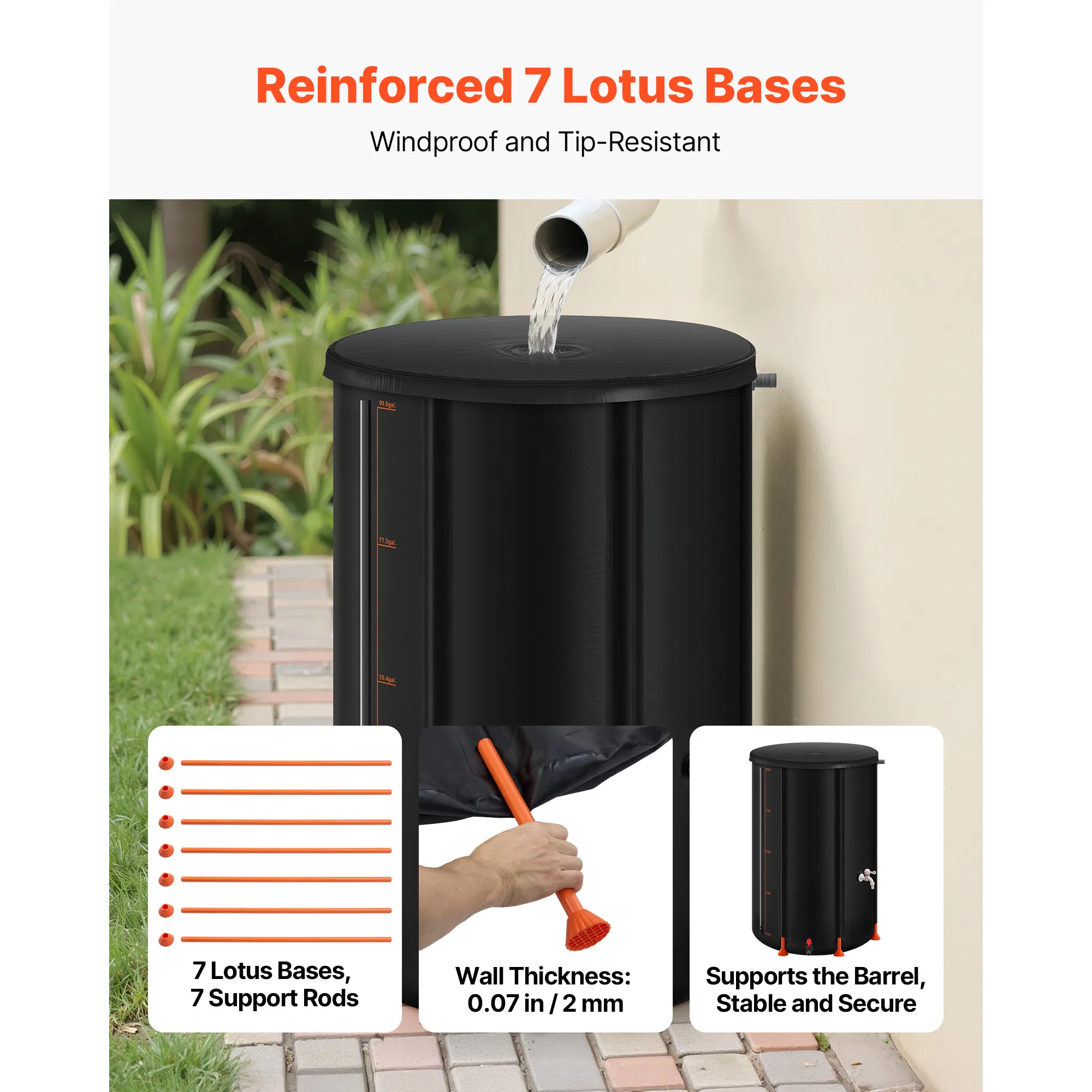 100 Gallon Collapsible Rain Barrel for Portable Rainwater Collection,1000D PVC Garden Water Storage Tank with Spigot and Overflow Kit,Black