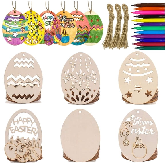 30 PCS Easter Wooden Hanging Ornaments, Unfinished Wood Slices Eggs Easter Crafts for Kids DIY Easter Decorations Party Supplies Decor