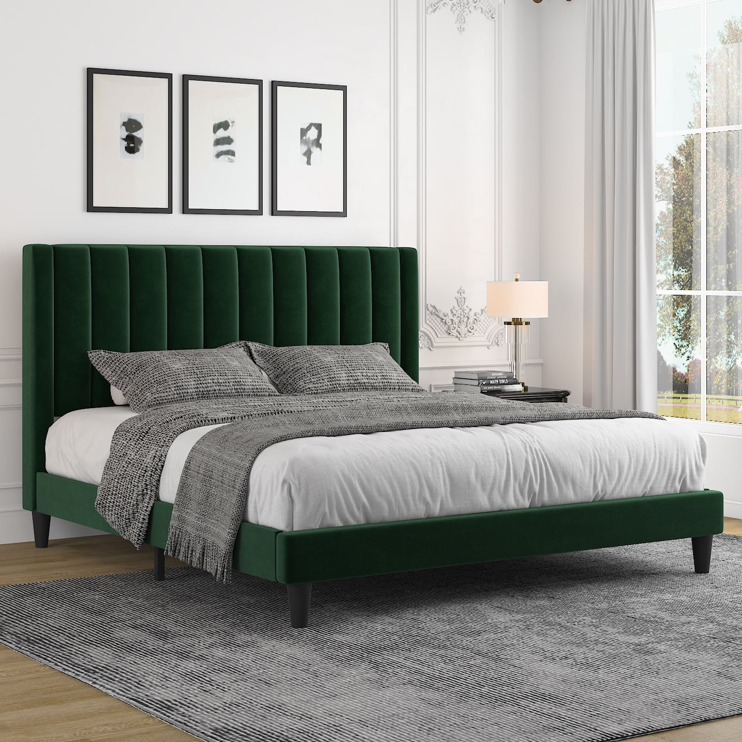 Allewie King Size Velvet Upholstered Bed Frame with Vertical Channel Tufted Headboard, Green