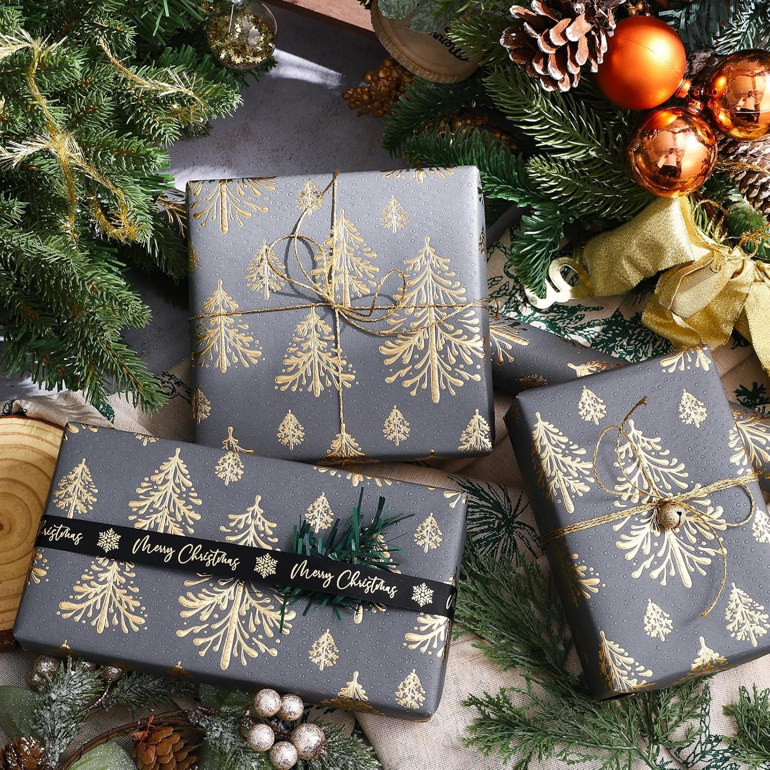 3D Kraft Christmas Wrapping Paper Roll - Mini Roll - 17 Inch x 16.5 Feet - Gold and Dark Grey Christmas Tree Wrapping Paper with Embossed Perfect for Holiday, Party Celebration