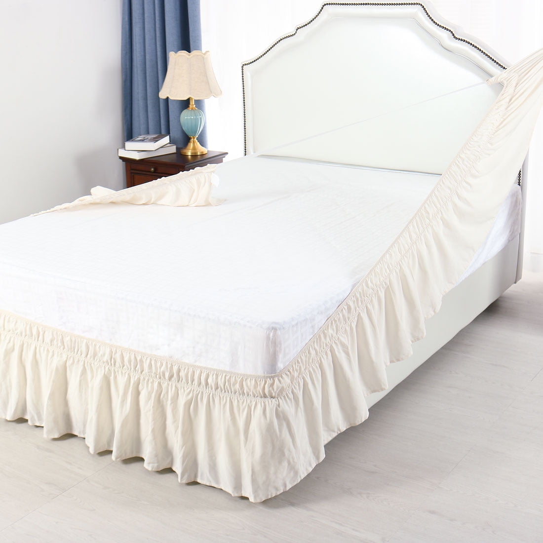 Unique Bargains Polyester Elastic Dust Ruffled Bed Skirt with 15" Drop Queen Beige