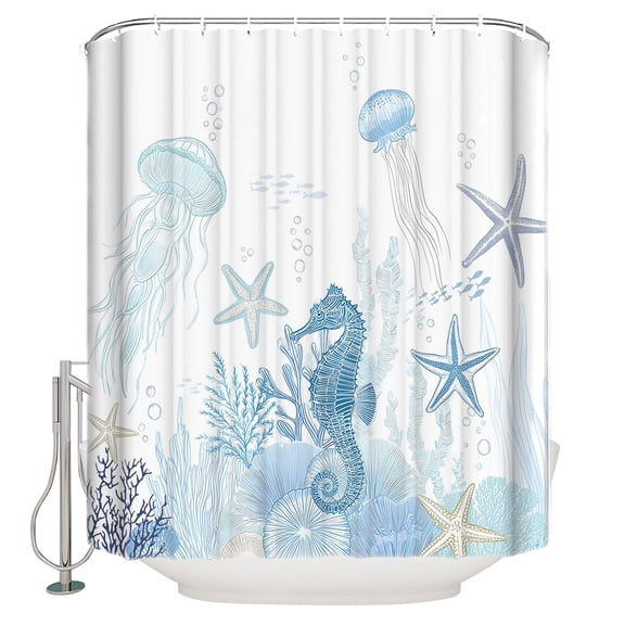 Aqua Coastal Bathroom Shower Curtains with 12 Hooks Waterproof Shower Curtain for Stalls and Bathtubs Summer Ocean Coral Jellyfish Seahorse Starfish Decorative Bathroom Privacy Curtain 60x72 Inches