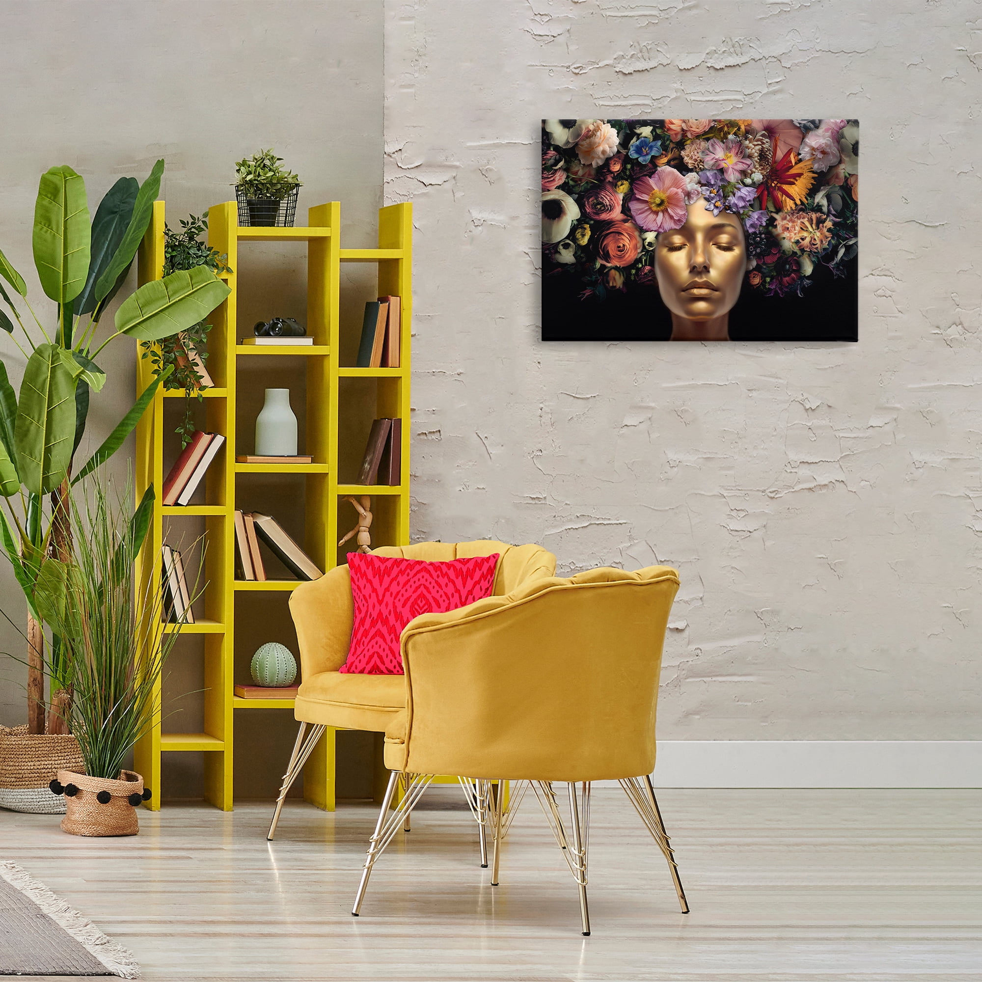 Stupell Industries Gold Face with Flowers Plants & Flowers Painting Wrapped Canvas Art Print Wall Art, 30 x 20