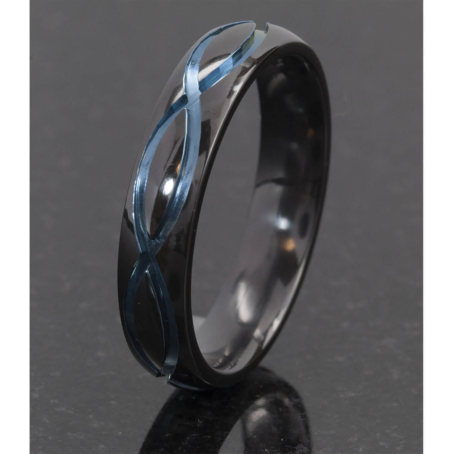 5mm Half-Round Black Zirconium Ring with the Infinity Symbol Anodized in Blue