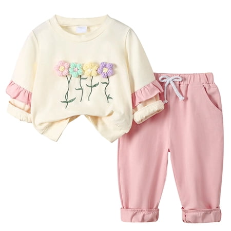 oqasdz Baby Girl Outfits Floral Embroidery Long Sleeve Top And Ruffle Hem Pants Outfit Soft Playwear 2 Piece Set Size 6 Month-12 Month