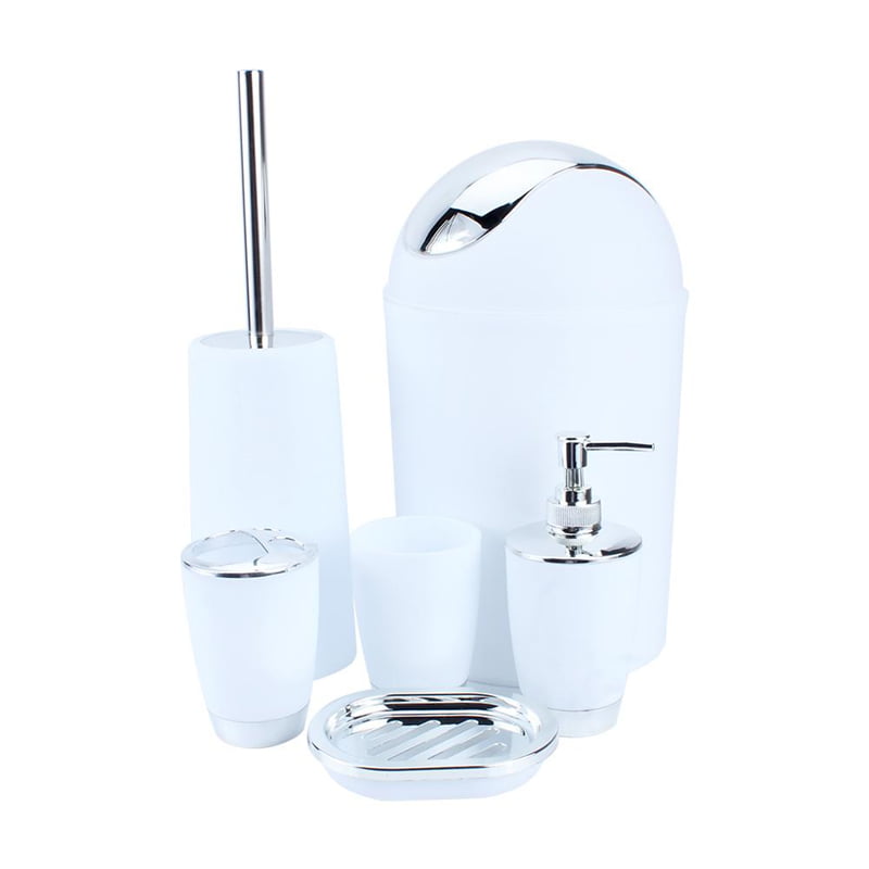 White Shine Bathroom Set 6 Piece Accessory BIN SOAP Dish Dispenser Tumbler Toothbrush Holder