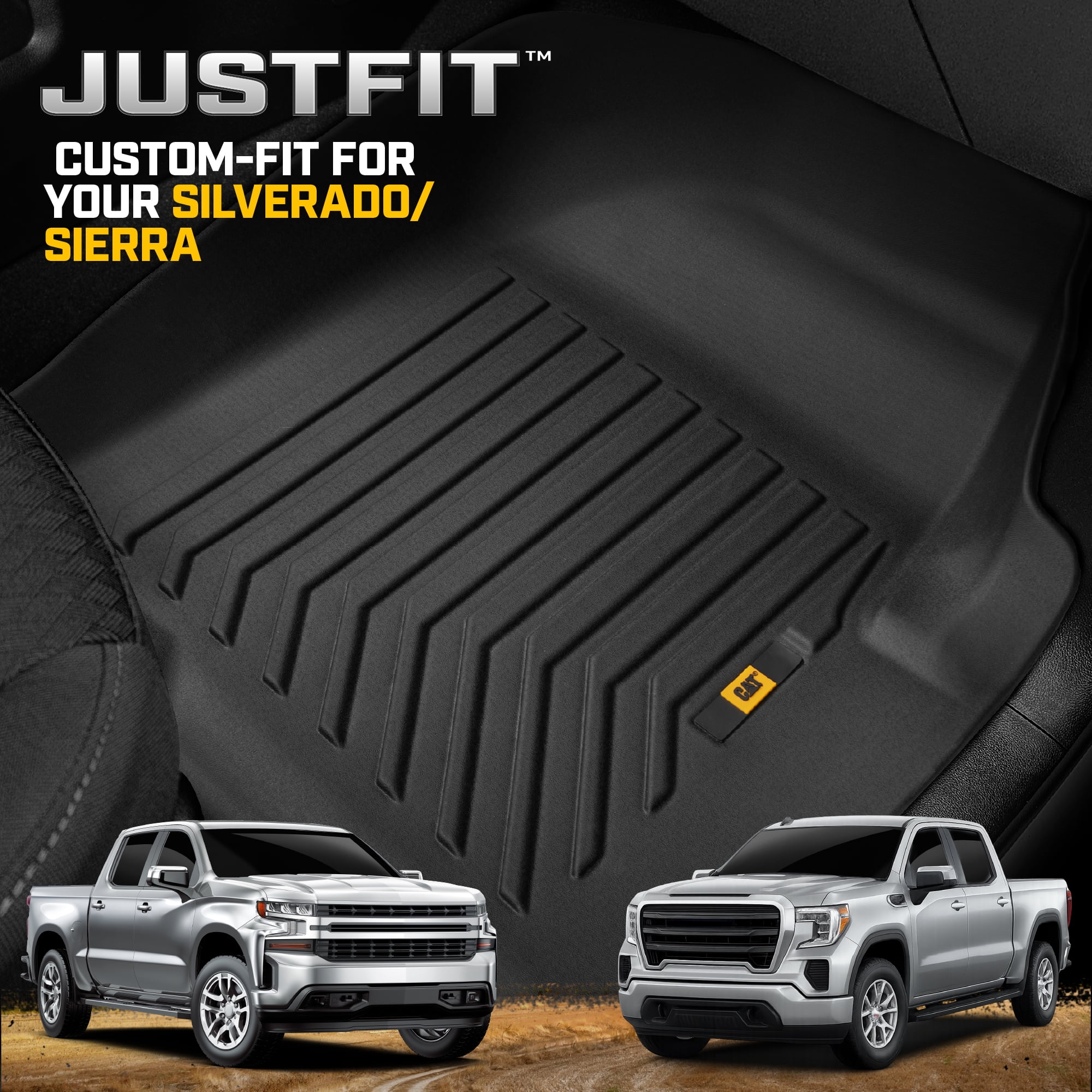 CAT® JustFit™ 3D Custom Fit Floor Mats for Chevrolet Silverado 1500 2019–2024, GMC Sierra 1500 2019–2024, Chevy Silverado 2500HD/3500HD Crew Cab 2020–2024, GMC Sierra 2500HD/3500HD Crew Cab 2020–2024