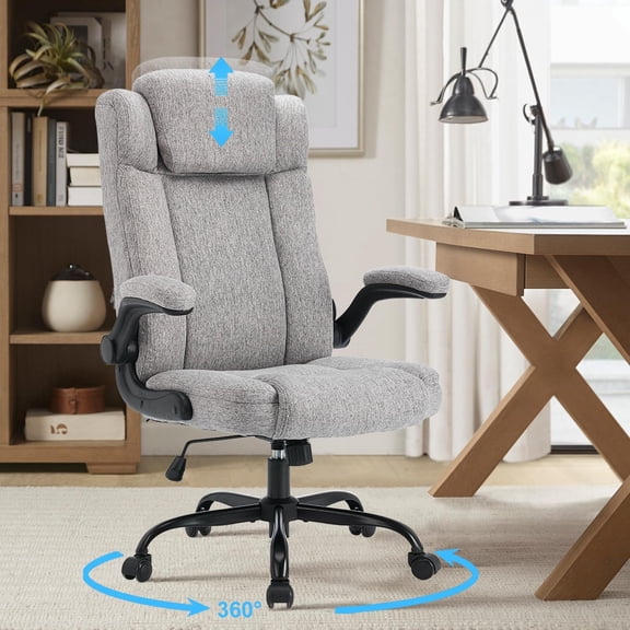 High Back Office Desk Chair with Adjustable Headrest,Big and Tall Office Chair,Executive Computer Desk Chair, Ergonomic Fabric Desk Chairs with Flip-up Armrest, 110° Tilt Rock, Grey