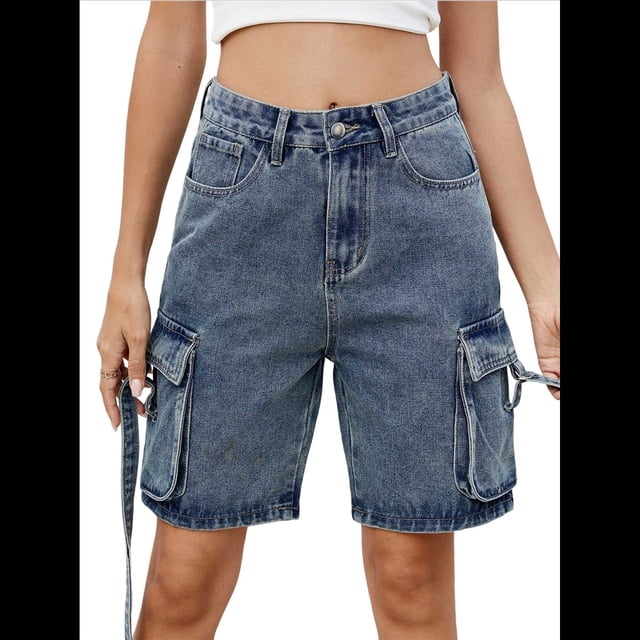Bermudas Holgadas Y2K para Mujer con Múltiples Bolsillos, Pierna , Hasta la Rodilla, Pantalones Cortos Vaqueros, Ropa de Calle. Azul XL