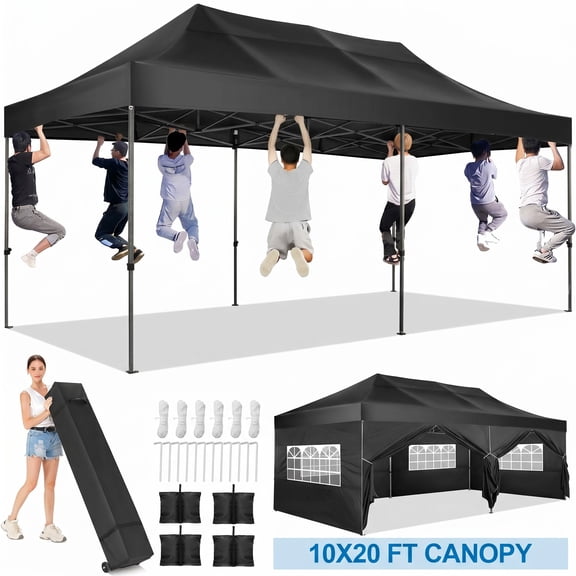 SANOPY 10x20 FT Heavy Duty Pop up Canopy , Commercial Canopy Tent, Adjustable Height Party Tent with 6 Removable Sidewalls, 4 Sandbags, Roller Bag, Black