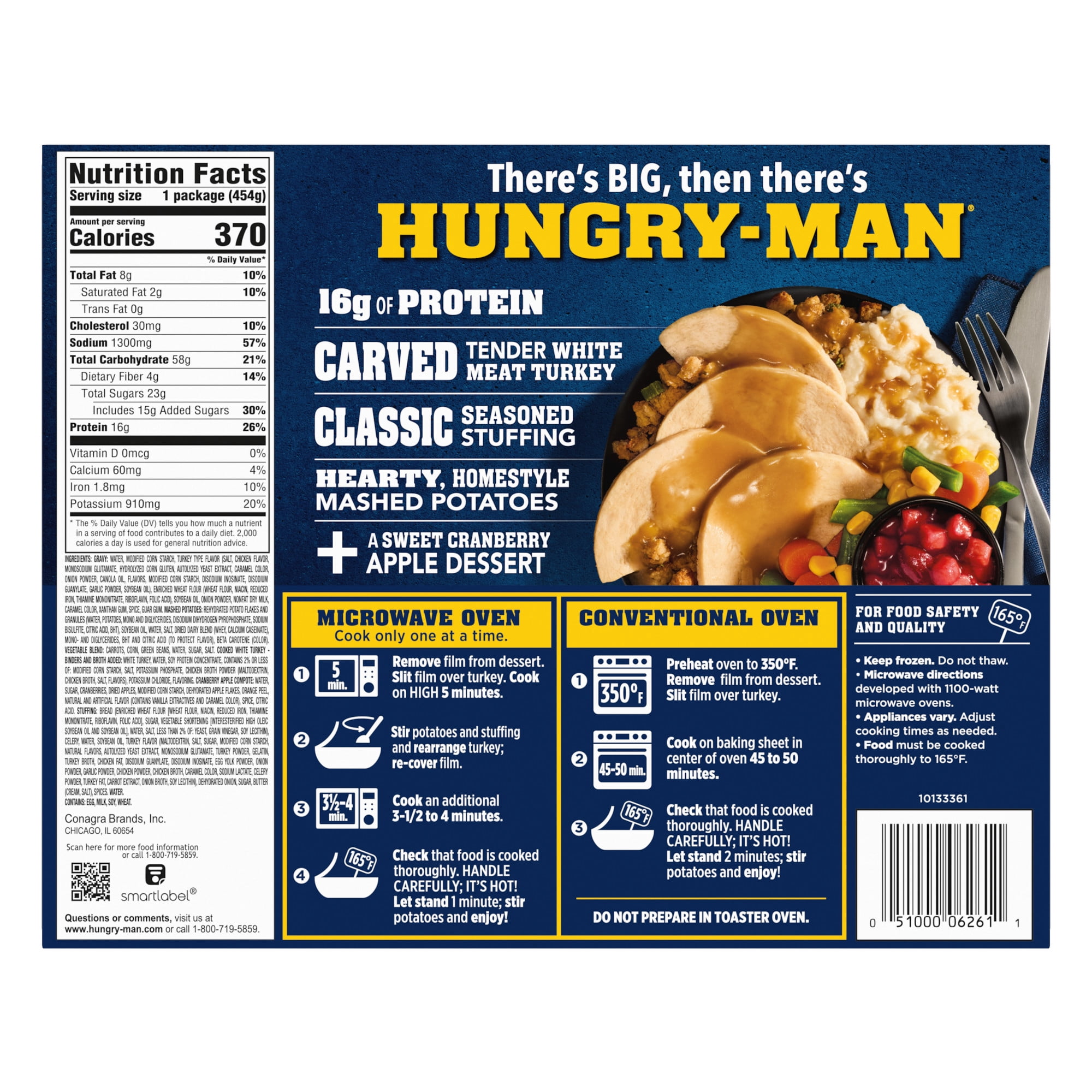 Hungry-Man Carved White Meat Roasted Turkey, 16g of Protein, 4g of Fiber, Frozen Meal, 16 oz