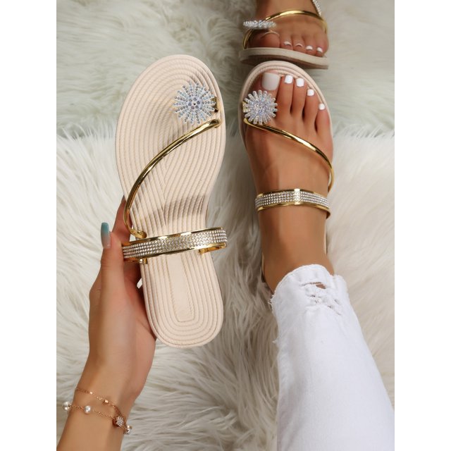 Outdoors Thong Sandals for Women, Rhinestone Decor Artificial Leather Toe Post Flat Sandals